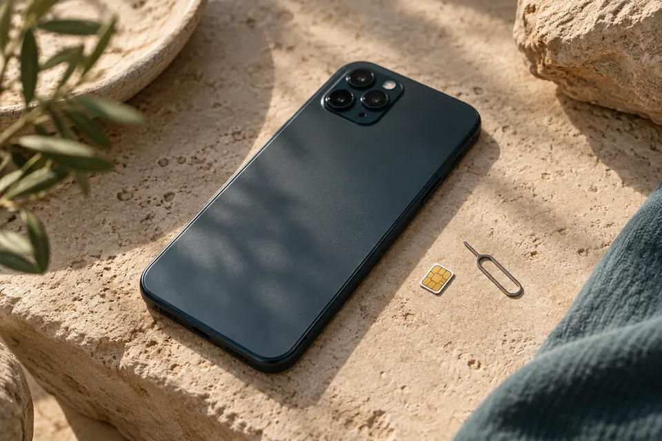 Smartphone mit SIM-Karte und SIM-Werkzeug auf einer hellen Steinfläche.